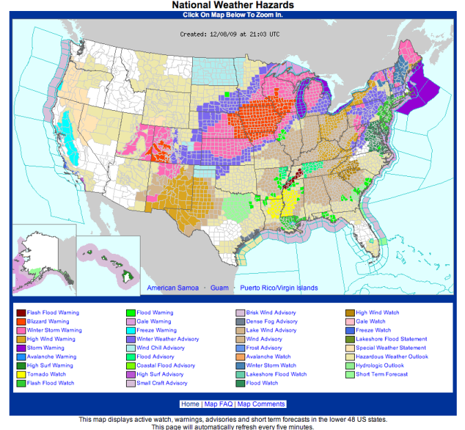 NWS Hazards Map for December 8, 2009