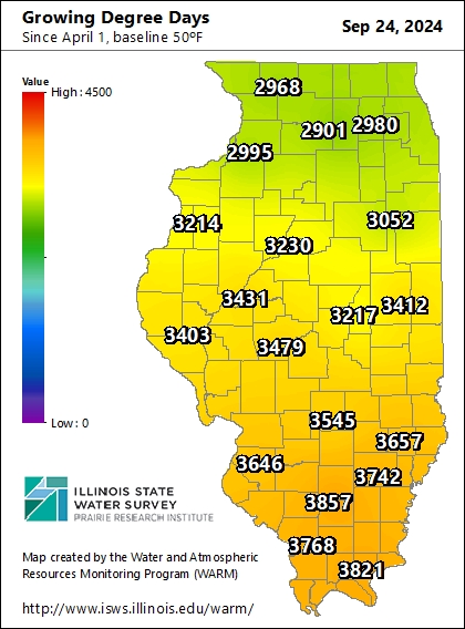 WARM map displaying Growing Degree Days throughout Illinois