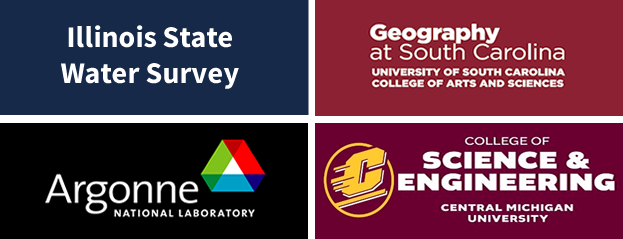 Logos for Illinois Water Survey at University of Illinois, University of South Carolina Geology Dept., Argonne National Laboratory, Central Michigan University